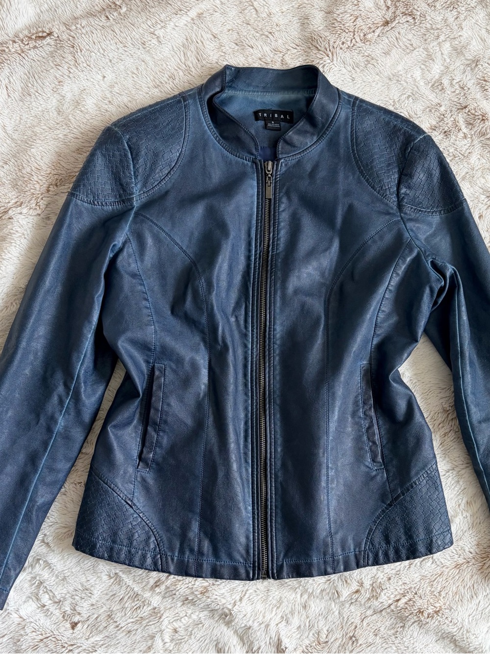 💙 Y2K Tribal Vegan Leather Blue Moto Jacket Size 8 Fitted Biker Racer Cool Girl